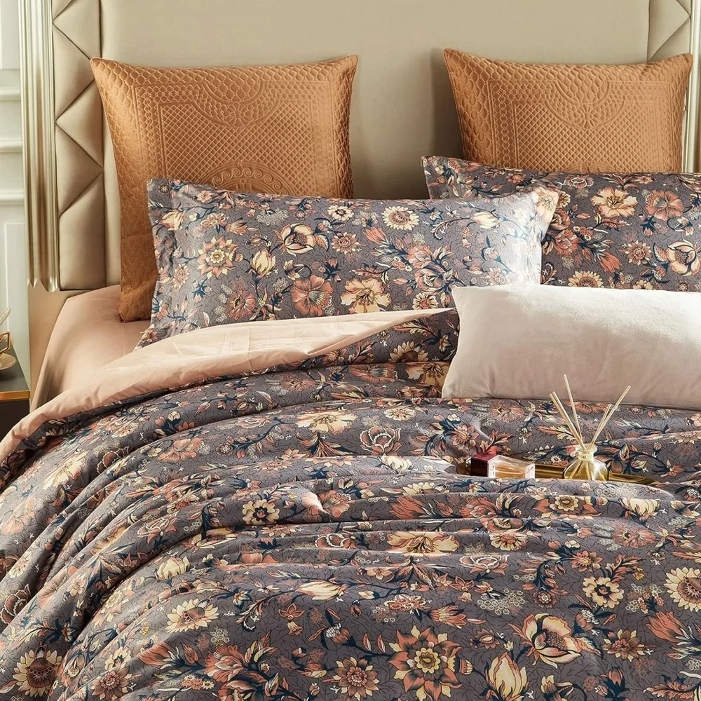 NEW Anthropologie Purple Floral Boho Queen / King Comforter Bedding & Sham Set